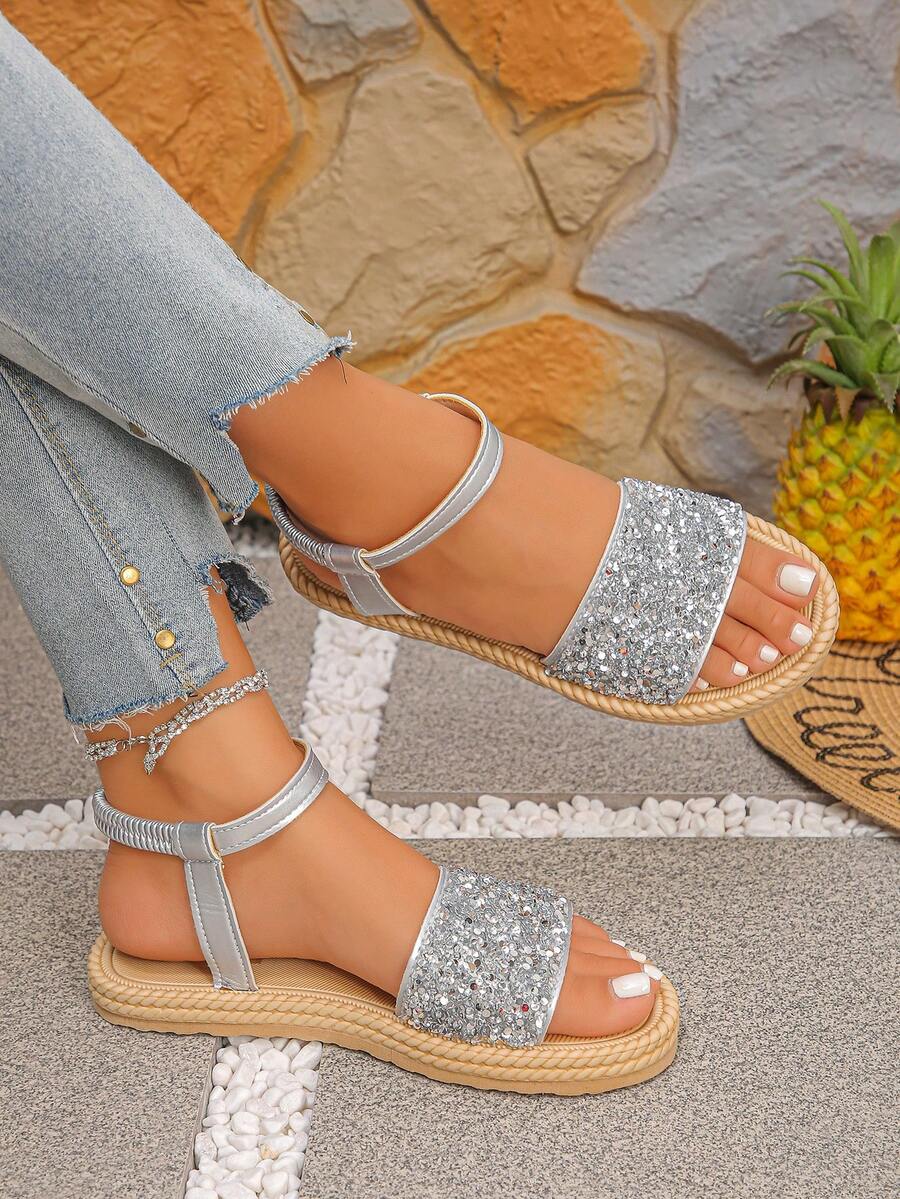 Plus Size Women Summer New Fashion Silver Bling Rhinestone Slip-On Elastic Band Flat Sandals, Comfortable Slip-On Beach Vacation Sandals - Silver - View 1