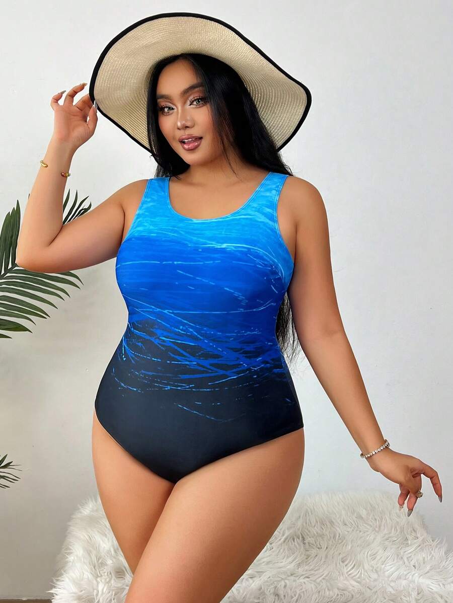 Plus Size Ombre Blue & Black One-Piece Swimsuit