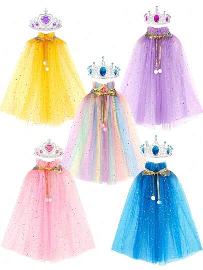 Children's Dress Up Role Play Toys, Princess Cloak, Magic Wand, Crown, Necklace, Earrings Set (Accessory Style Random), Birthday Gift, Halloween Gift, Christmas Gift