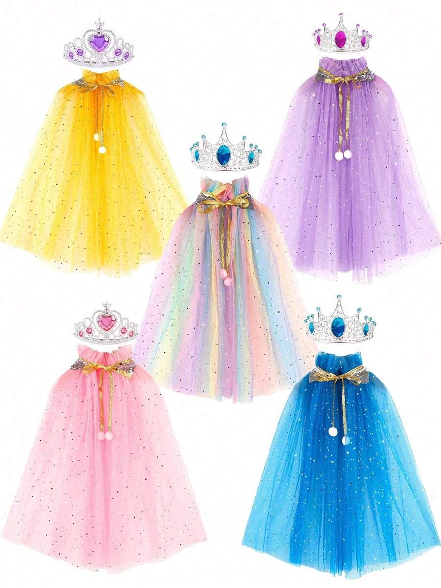 Children's Dress Up Role Play Toys, Princess Cloak, Magic Wand, Crown, Necklace, Earrings Set (Accessory Style Random), Birthday Gift, Halloween Gift, Christmas Gift - Multicolor - View 1