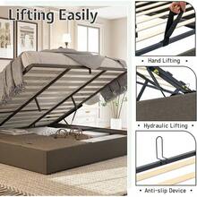 Queen/King Size Lift Up Storage Bed Frame, Linen Upholstered Platform Bed With Vertical Channel Tufted Wingback Headboard, Hydraulic System Design And Wood Slats Support, No Box Spring Needed, Elegant Bedroom Furniture, Dark Grey - 深灰色 - 查看 5