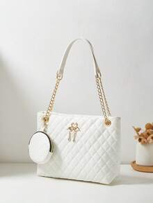 Bộ 2 món tua rua họa tiết kim cương giả da tối giản cho nữ: Túi tote đeo vai sức chứa lớn, Túi mua sắm, Túi xách công sở thêu hoa đi học, Quà tặng cho phụ nữ, Ví đựng tiền trang điểm - trắng - Xem 2