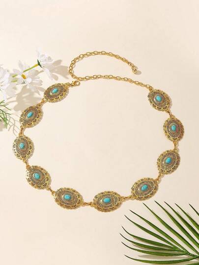 复古椭圆形花卉图案仿古银色腰链，百搭金属腰带，女士短裙装饰，夏季、秋季、万圣节皆宜