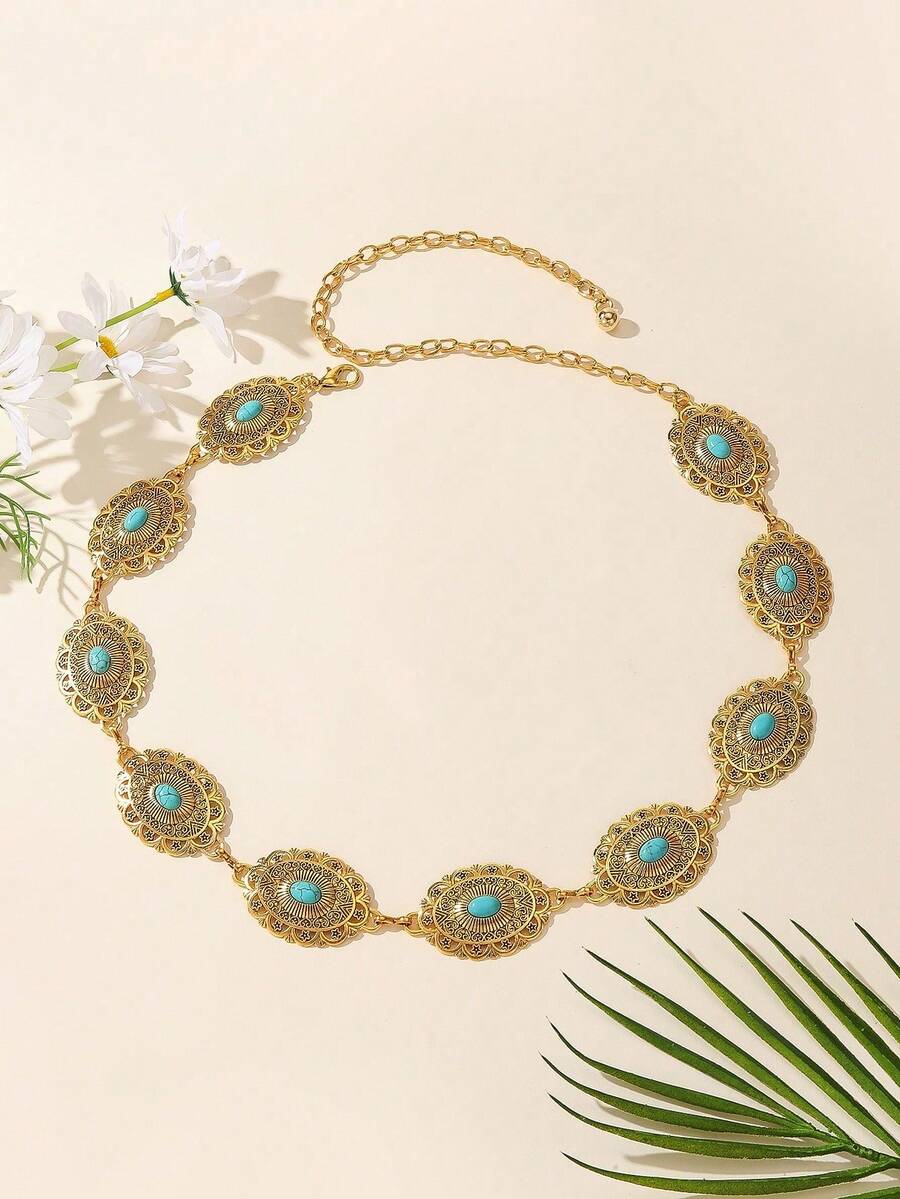 复古椭圆形花卉图案仿古银色腰链，百搭金属腰带，女士短裙装饰，夏季、秋季、万圣节皆宜 - 金色藍 - 查看 1