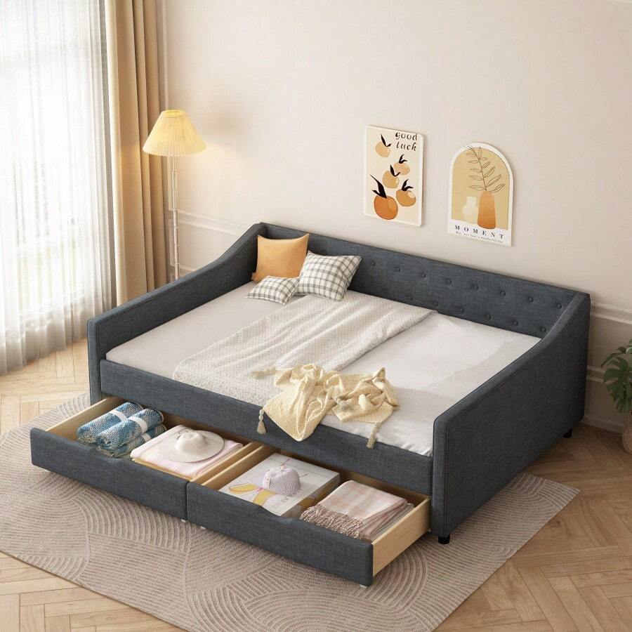 Recommend-Full Size Daybed With Drawers Upholstered Tufted Sofa Bed, With Button On Back And Piping On Waved Shape Arms-Dark Grey-TRHSVA - Multicolor - View 1