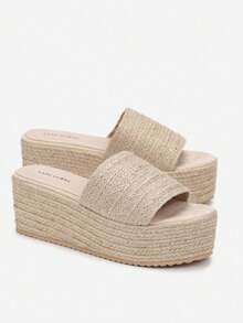 Sandalias tipo "flip-flop" con plataforma, tiras anchas y cordones de atar, con punta abierta - Beis - Ver 3
