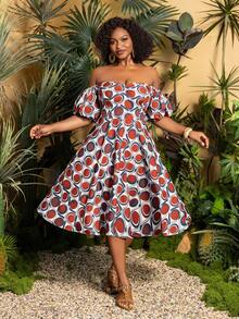 Große Größen Damen Off-Shoulder Laternensteck-Kleid mit A-Linie, zufälligem Muster und Blume Muster, fließende Silhouette - ideal für lässige Unternehmungen, Wochenendtrips, Strandurlaube, Sommerspaziergänge und Outdoor-Abenteuer - Rot-violett - Übersicht 4