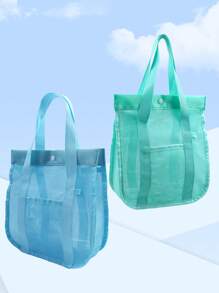 Mesh Toiletry Bag, Portable Multi-Pocket Storage Organizer Tote, Beach Carry Bag, Polyester Mesh Beach Bag