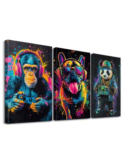 3pcs Vibrant Colors Wall Art Decor, Animal Art Canvas Print Wall Arts, Playful Wildlife Poster, Unique Designs Art Prints, Modern Paintings, Fun Characters Modern Artwork, Wall Arts, Room Aesthetic, Posters, Ideal Gift, Optional Framed ,Wall Art With Frame