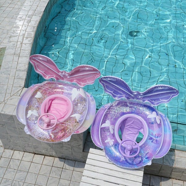 Anillo inflable de natación con forma de cola de sirena púrpura y rosa para niños, flotador de natación de PVC con brillo y volante