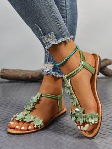 Women's Fashion Comfortable Sandals, Versatile Embroidered Beach/Outdoor Flat Sandals,Boho Style,Spring Summer Outfits - Green - View 3