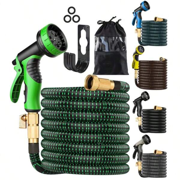 25ft/50ft/75ft/100ft Garden Hose With Function Nozzle Garden Hose, Lightweight & No-Kink Flexible Garden Hose, 3/4 Inch Solid Brass Fittings