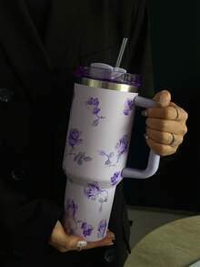 1pc 40oz/14oz Watercolor Rose Themed Vacuum Insulated Tumbler With Handle, Stainless Steel Travel Mug, Reusable Cup, Suitable For Commute, School, Office, Outdoor, Gym, Home, Gifts For Women, Teenagers, Holiday, Birthday (With Straw) - Multicolor - View 18