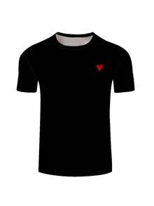 Men's Black With Red Heart Print T-Shirt, Polyester Round Neck Short Sleeve T-Shirt, Casual Street Wear, Loose Fit, Plus Size - Multicolor - View 2