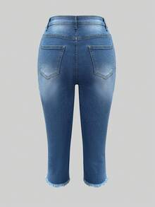 女士时尚休闲破洞七分牛仔裤，修身弹力牛仔七分裤，经典毛边七分牛仔裤 - 藍色 - 查看 3