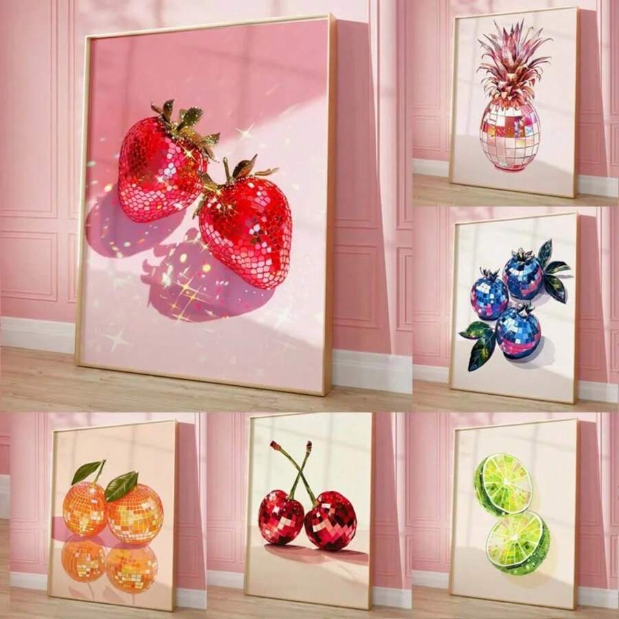 1PC Fashion Pink Disco Lemon Grape Apple Cherry Strawberry Poster Print Fashion Wall Art Picture Decor Frameless Canvas Painting Optional Frame ,Wall Art With Frame