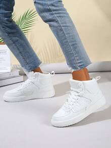 Women's White High-Top Sneakers, Versatile Casual Shoes, Lace-Up Round Toe Comfortable Footwear