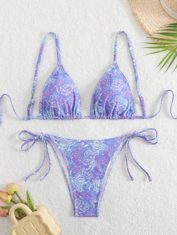 Damen Bikini-Set mit Blume Muster und sexy Schnürung, Sommer Strand