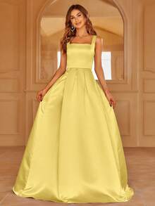 Faeriesty 女士优雅缎面方领系带连衣裙，曳地长裙摆，尽显奢华气质 | 适合盛大晚宴、婚礼或红毯活动的奢华晚装，也是夏季度假的理想之选