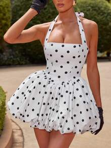 Women's Y2K Halter Corset Mini Dress Backless Corset Bubble Ruched Waist Club Party Dresses - Black and White - View 3