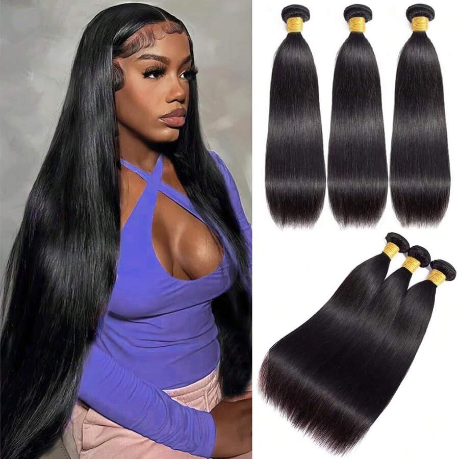 12A Straight Bundles Human Hair 26 28 30 Inch 100% Unprocessed Brazilian Virgin Hair 3 Human Hair Bundles For Women Natural Color Suitable To Wear At All Times - Natural Black - 查看 1