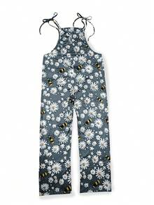 女士花卉印花连体裤，休闲假日风格