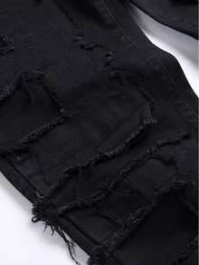 Men's Slim Fit And Slimming Creative Tassel Decoration Straight Jeans, Men's Casual Stretch Street Style Hip-Hop Skateboard Rap Jeans All Seasons - 黑色 - 查看 9