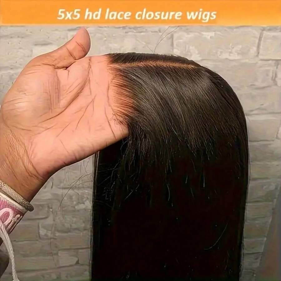Parrucca con chiusura senza colla 5x5 HD Lace Set and Go, capelli umani lisci, pre-tirati, pre-tagliati, senza colla, 3 secondi per indossare, parrucca senza colla, parrucche frontali in pizzo trasparente, parrucca con capelli umani per donne, nodi pre-sbiancati, densità 250