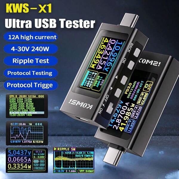 KWS-X1 Probador de carga rápida Tipo-C | Identificación automática de protocolo completo PD/QC, alta precisión 4-30V/12A, prueba dual de ondulación de la forma de onda, herramienta de Body de metal portátil