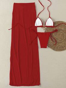 Polovedo 官方新款春夏优雅性感纯红色海星三件套比基尼，女士沙滩度假派对约会装 - 紅色 - 查看 3