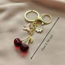 1pc High-Quality Fashionable Cute Cherry Keychain, Butterfly Flower Keyring Charm, Decorative Cherry Key Chain Car Accessories Bag Charm School Goth Y2k