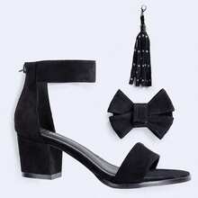 Tacones con tirantes para mujeres - Sandalias negro con lazo y borla, perfectas para festivales de música y salir de noche