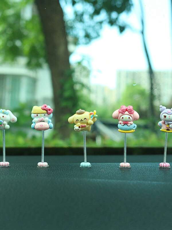 Sanrio 5 stuks Sanrio Cartoon Auto-interieur Schudkop Decoratie Kuromi en Kaneelrol Spring Shaker, Dubbelzijdig Klevend
