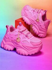 Women's 7cm Thick Sole Casual Sports Shoes With Sunflower Metal Decoration, Outdoor High Heel Platform Sneakers, Lightweight Shock-Absorbing Breathable Mesh Summer Sandals, Pink Round Toe Lace-Up For Daily, Workout, Office