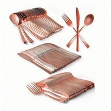 طقم أدوات المائدة القابلة لإعادة الاستخدام باللون الوردي الذهبي، غير قابل للكسر وصديق للغسالة الآلية، مناسب لحفلات الزفاف والعيد والتخرج والحفلات الخارجية في الحدائق وتوريدات المدرسة