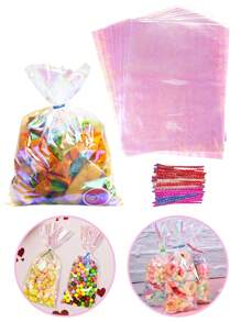50 pièces Sacs en cellophane pour friandises, sacs en cellophane irisés holographiques, sacs à cadeaux avec liens torsadés, pour fête d'anniversaire, mariage, Fête des mères, Noël, Saint-Valentin
