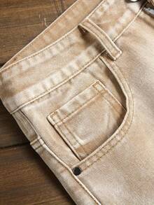 Men's Fashion Distressed Color Block Casual Slim Fit Denim Shorts - Khaki - View 3