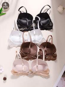 4pcs Women's Solid Color Lace Bras, Comfortable Fitted Bras, Lift & Enhance Bras - Multicolor - View 2