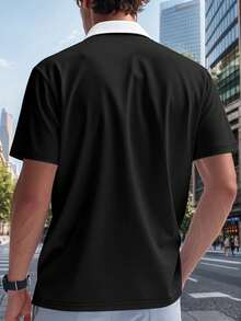 Verano color de la colisión de media cremallera solapa de manga corta camisa de polo de los hombres casuales, de moda ligero transpirable playa camiseta de manga corta, la oficina de negocios camisa de polo diario, adecuado para la vida cotidiana, oficina, deportes, viajes, vacaciones, playa - Negro - Ver 7