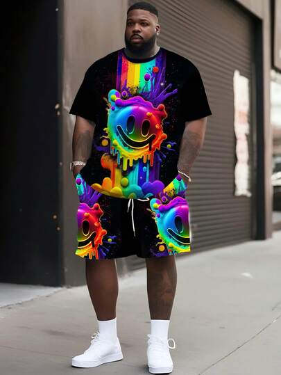 2pcs Plus Size Men's Colorful Face Print Short Sleeve T-Shirt And Drawstring Shorts Set