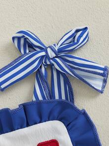 0-18 Months Baby Girl Independence Day Cami Romper Sleeveless Star Stripe Print Tie Shoulder Jumpsuit - 藍色 - 查看 8
