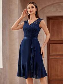 MIUSOL Floral Lace Ruffle Trim Wrap Hem Chiffon Party Swing Dress