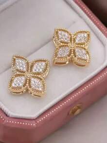 2pcs Elegant Cubic Hollow Flower Copper Zirconia Earrings, Luxury Jewelry Accessories Perfect For Party - Fashion Earrings - View 6