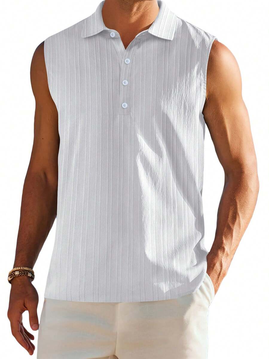 Mens Sleeveless Summer Shirts Beach Tank Tops Button Up Textured Tank Shirt For Vacation - White - View 1