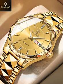 BINBOND 2 件情侣石英表罗马数字时尚不锈钢防水男士腕表女士情侣手表情人节礼物 - 金色 - 查看 4