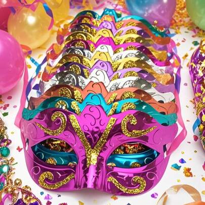 12 piezas de máscaras doradas chapadas, accesorios de boda, máscaras de baile de máscaras, carnaval, color aleatorio