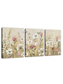 1/3 件现代花卉墙面艺术海报，现代风格墙面艺术，精致花朵和柔和色调的插图，优雅精致的帆布艺术品墙画礼物，非常适合卧室、浴室、办公室、客厅、墙壁装饰、家庭和宿舍装饰，无框/有框