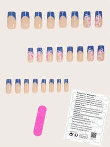24 Peças Kit de Unhas Postiças Francesas de Formato Quadrado Médio Floral Delicado Azul e Brilhos Cintilantes, Encaixe Perfeito, Kit Completo de Unhas Falsas Inclui 1 Peça folha de Adesivos e 1 Peça Lixa Pequena para Uso Diário, Escritório, Festa em Casa, Acessórios de Joia Falsa para Mulheres, Dicas de Unhas Falsas, 1 Peça Tira de Lixa, Envio Aleatório de Geleias Gel