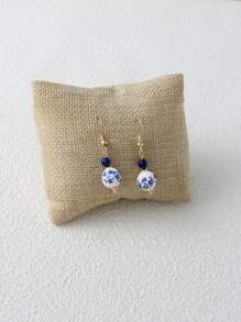 3 Stücke Vintage Keramik Schmuckset, handgefertigtes blau-weißes Porzellan mit Halskette aus Naturstein, Perlenarmband & Ohrringe, geeignet für Damen Alltags- und Festivaloutfits, Frühling/Sommer