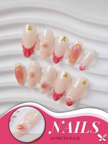 Una caja de 24 uñas medianas de almendra, con flores 3D rosas y detalles degradados en oro rosa, exudando un ambiente dulce y elegante. Conjunto de uñas postizas con lima de uñas y pegamento de gelatina, perfecto para todas las mujeres, ideal para uso diario, fiestas y ocasiones especiales, agregando un toque de suave a tus dedos.